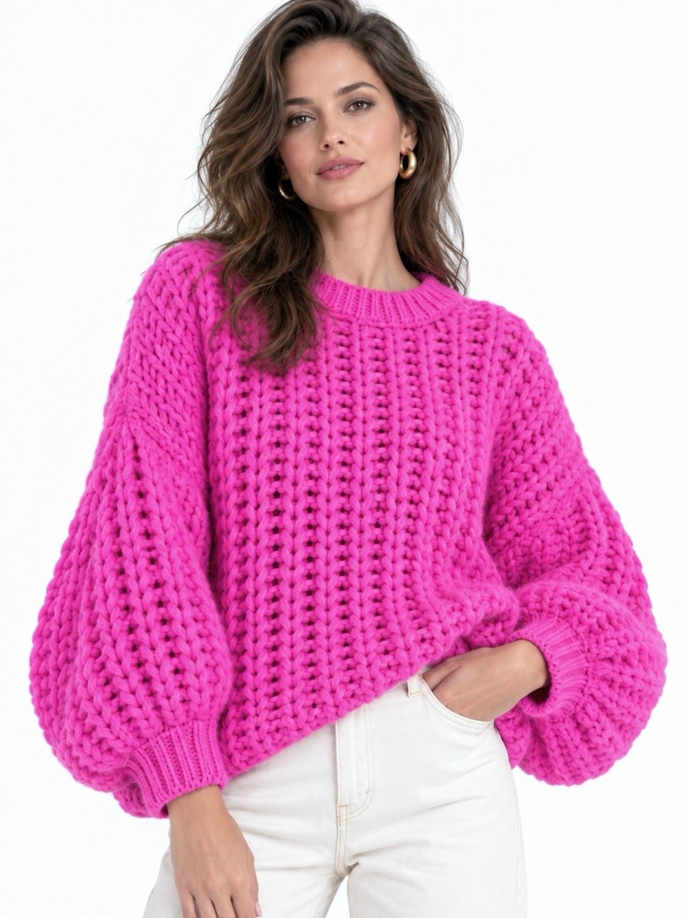 Fobya Hot Pink Alpaca Wool Chunky Open Knit 3/4 Sleeve Oversized Sweater